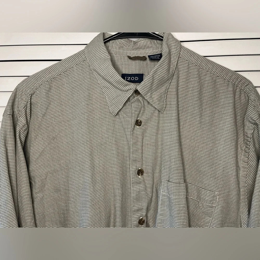 Izod Men’s Houndstooth Long Sleeve Button Down Shirt Size Large Cotton Green - Picture 4 of 16